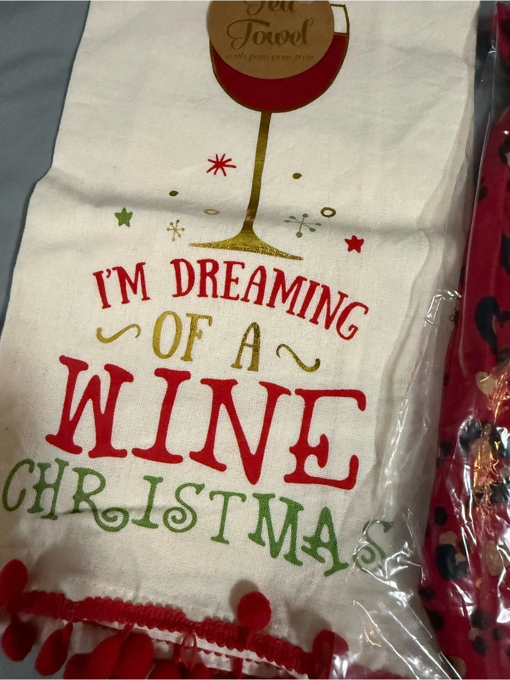 Tea Towel and Wine Bottle Bag Set - Red Holiday Wine Theme